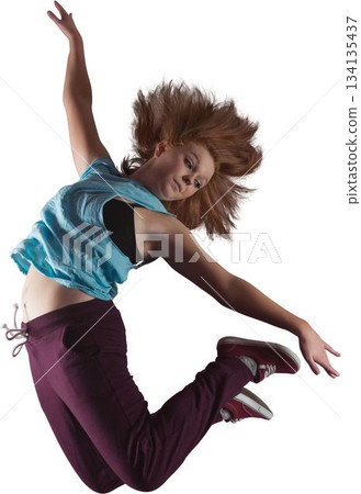 Woman jumping against white background, wearing turquoise top, burgundy sweatpants, tossing hair Woman jumping against white background, wearing turquoise top, burgundy sweatpants, tossing hair 134135437