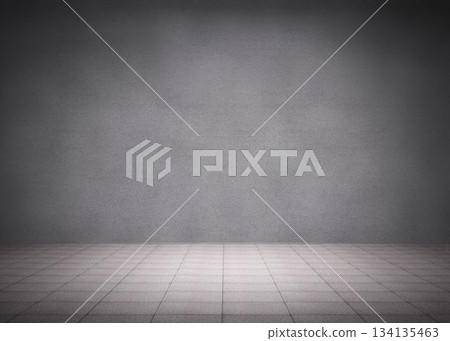 Flat design empty studio space is featuring concrete wall, grid tiled floor and vignette lighting 134135463
