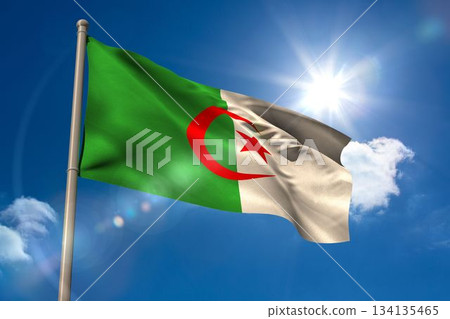 Algeria national flag on blue sky background Algeria national flag on blue sky background 134135465