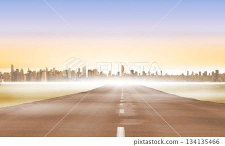 Flat design is showing paved two-lane road spanning misty water toward modern city skyline Flat design is showing paved two-lane road spanning misty water toward modern city skyline 134135466