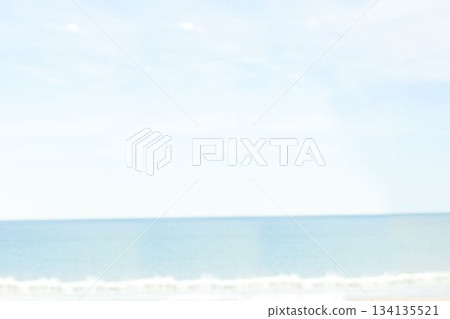Calm ocean horizon line is dividing turquoise sea and sky with sandy shoreline in flat design 134135521