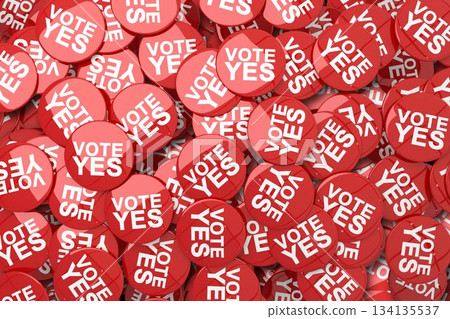 Glossy vector art featuring overlapping red circular badges with white VOTE YES text filling frame 134135537