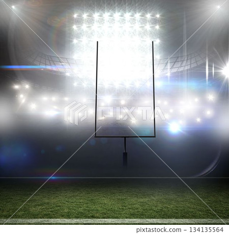 Flat design metal football goalpost is standing on grass turf under bright stadium floodlights 134135564