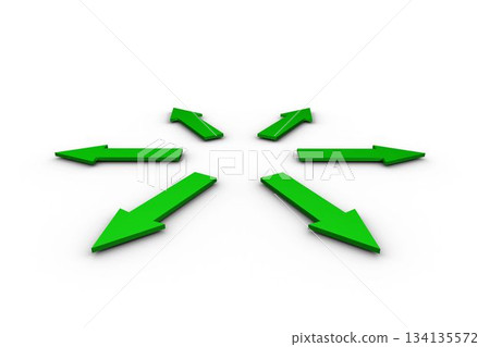 Six glossy green arrows are radiating from center in 3D graphic on white surface, copy space Six glossy green arrows are radiating from center in 3D graphic on white surface, copy space 134135572