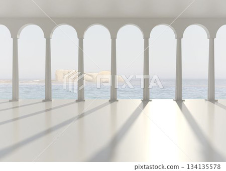 Coastal pavilion showing flat design with white fluted columns and arches, calm sea beyond 134135578
