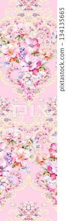 Assorted floral geometric and heart pattern panel designs in soft pastel colors 134135665