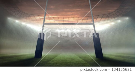 Flat design showing rugby stadium dusk, goal posts, floodlights misting over striped pitch, tiers 134135681