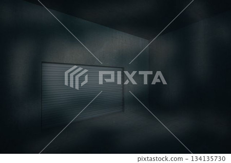 Closed metal roll-up shutter door is being shown in sparsely lit concrete chamber, flat design 134135730