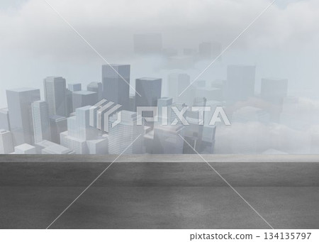 Concrete rooftop platform is showing dense fog shrouding skyscraper skyline in flat design Concrete rooftop platform is showing dense fog shrouding skyscraper skyline in flat design 134135797