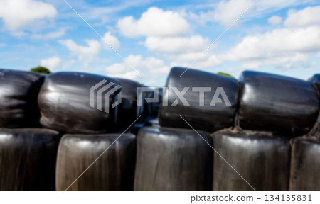 Hay bales against cloudy sky 134135831