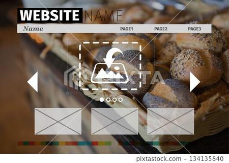 Flat basket is showing seeded bread rolls on counter with website mockup header arrows 134135840