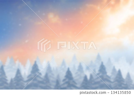 Flat design is showing snowy pine forest beneath pastel gradient sky with drifting flakes and mist 134135850
