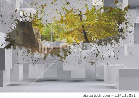 Displaying digital autumn forest splash within white geometric gallery, featuring floating cubes Displaying digital autumn forest splash within white geometric gallery, featuring floating cubes 134135851