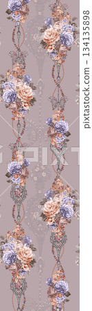 Assorted floral geometric and heart pattern panel designs in soft pastel colors 134135898