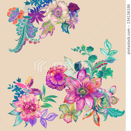 Assorted floral geometric and heart pattern panel designs in soft pastel colors 134136186