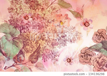 Assorted floral geometric and heart pattern panel designs in soft pastel colors 134136298