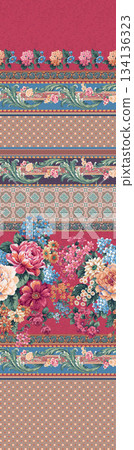 Assorted floral geometric and heart pattern panel designs in soft pastel colors 134136323