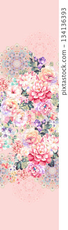 Assorted floral geometric and heart pattern panel designs in soft pastel colors 134136393