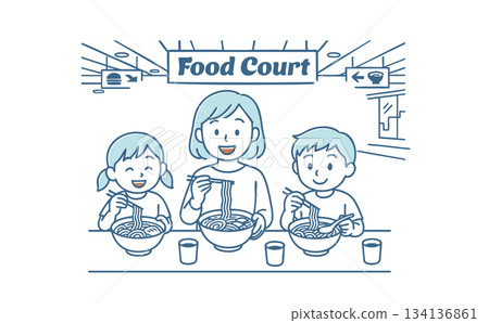 Mom and kids eating ramen at the food court Mom and kids eating ramen at the food court 134136861