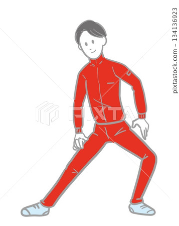 一名身穿紅色運動衫的年輕男子正在進行柔軟度練習 134136923