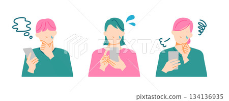 三個表情憂慮或不安的年輕人，一手拿著智慧型手機，插畫風格扁平化設計。 134136935