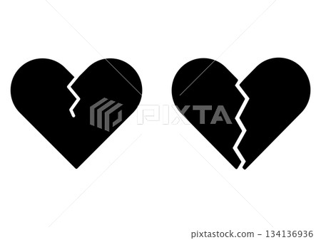 破碎的心形輪廓和黑色心形圖示集，象徵破碎的愛情 134136936