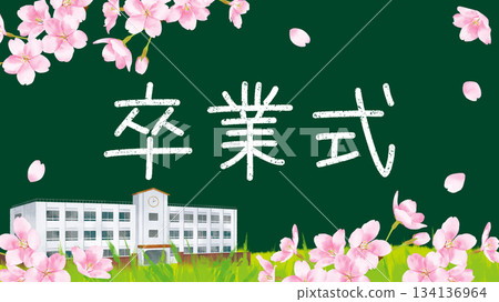 畢業典禮的字樣寫在黑板上,旁邊畫著櫻花和學校。 畢業典禮的字樣寫在黑板上,旁邊畫著櫻花和學校。 134136964