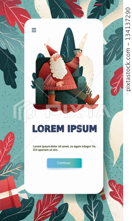 Santa Christmas celebration festive mobile app screen Santa Claus sitting in armchair holding phone surrounded by decorative leaves and gift box 134137290