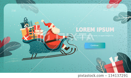 Santa Christmas sleigh full of gifts festive holiday scene snow background decorated leaves website landing page template 134137291