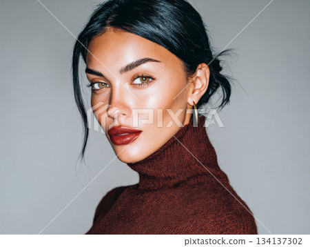 Woman with dark hair and striking features wearing a burgundy sweater poses against a neutral background 134137302