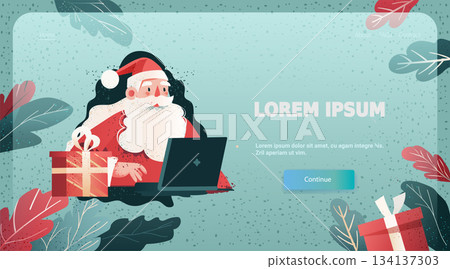 Santa Claus Christmas online celebration laptop gift boxes festive winter leaves website landing page pastel blue red 134137303