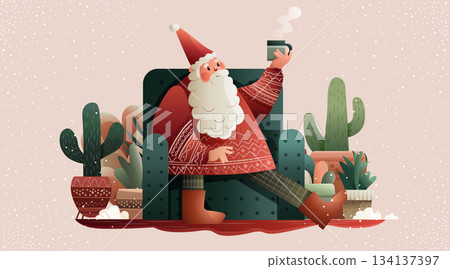 Santa Claus Christmas relaxation cozy armchair cacti festive scene with Santa holding a hot drink surrounded by potted plants snow background 134137397