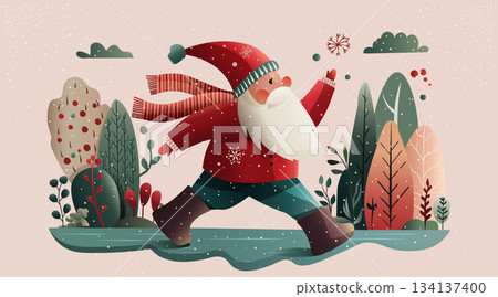 Santa Christmas winter holiday scene walking snowy forest stylized Santa Claus in red coat scarf playful snowflakes trees pastel colors seasonal landscape 134137400