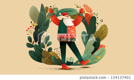 Santa Christmas celebration festive character surrounded by decorative leaves wearing colorful sweater and hat joyful pose modern holiday art 134137401