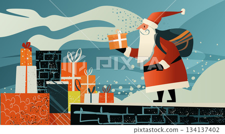 Santa Christmas gift delivery rooftop snowy night presents sack chimney festive winter scene modern flat design Santa Christmas gift delivery rooftop snowy night presents sack chimney festive winter scene modern flat design 134137402
