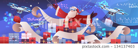 Santa Christmas New Year 2026 technology presents delivery futuristic Santa with VR headset drones carrying gifts digital background festive scene Santa Christmas New Year 2026 technology presents delivery futuristic Santa with VR headset drones carrying gifts digital background festive scene 134137403