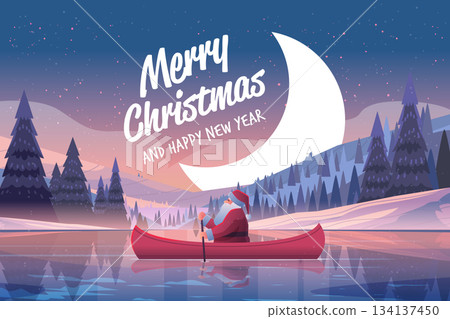 Santa Christmas New Year 2026 canoeing winter landscape moon snowy pine trees reflection festive evening outdoor holiday greeting Santa Christmas New Year 2026 canoeing winter landscape moon snowy pine trees reflection festive evening outdoor holiday greeting 134137450