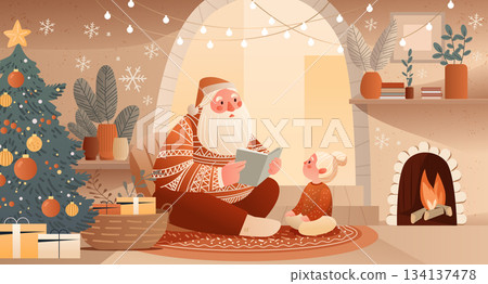 Santa Christmas cozy home story time holiday scene warm fireplace decorated tree gifts child listening festive interior lights modern flat design 134137478