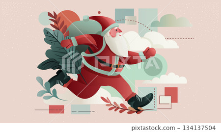 Santa running Christmas New Year 2026 celebration festive scene with gift bag abstract leaves geometric shapes clouds pastel background website banner Santa running Christmas New Year 2026 celebration festive scene with gift bag abstract leaves geometric shapes clouds pastel background website banner 134137504