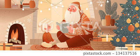 Santa reading Christmas story to child cozy holiday living room fireplace decorated tree gifts warm lights festive atmosphere home interior 134137516