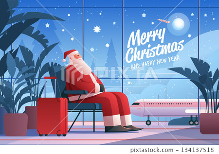 Santa Claus airport travel Christmas New Year 2026 holiday scene with Santa sitting on chair suitcase airplane winter plants night sky modern 134137518