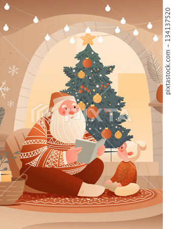 Santa reading Christmas story to child cozy living room decorated tree ornaments warm lights winter holiday home interior 134137520