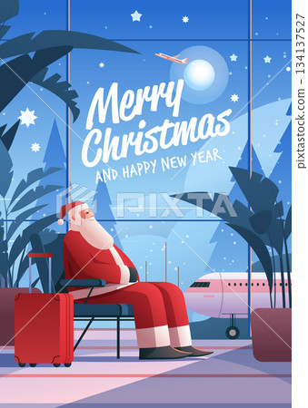 Santa airport travel Merry Christmas New Year 2026 winter holiday scene Santa Claus sitting with suitcase airplane window snow blue background Santa airport travel Merry Christmas New Year 2026 winter holiday scene Santa Claus sitting with suitcase airplane window snow blue background 134137527