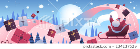 Santa Christmas celebration sleigh ride gifts winter landscape snowy night festive trees presents flying sky cartoon style 134137529
