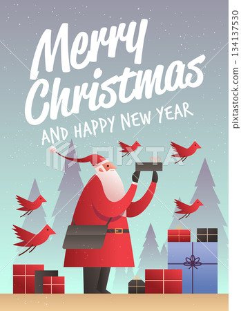Santa Merry Christmas New Year 2026 celebration festive scene with Santa holding gift surrounded by red birds presents snowy forest background Santa Merry Christmas New Year 2026 celebration festive scene with Santa holding gift surrounded by red birds presents snowy forest background 134137530