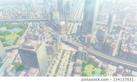 A wide-area bird's-eye view of a metropolis overlooking the commercial district and complex transportation network A wide-area bird's-eye view of a metropolis overlooking the commercial district and complex transportation network 134137831