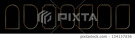 Thin golden frame set in art deco style. Luxury gold borders. Linear shining rectangle shape. Brass glowing shiny boarder element pack for photocard. Vector illustration isolated on black background Thin golden frame set in art deco style. Luxury gold borders. Linear shining rectangle shape. Brass glowing shiny boarder element pack for photocard. Vector illustration isolated on black background 134137836