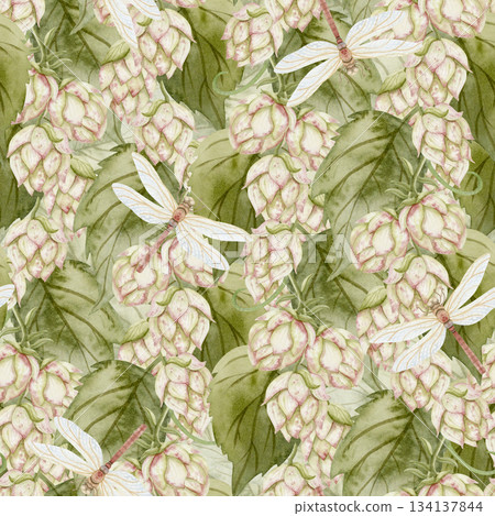Lush hops vine branch with flowers and dragonflies watercolor seamless pattern on white. Realistic spring garden climbing liana plant in botanical style. Green creeper repeat background 134137844