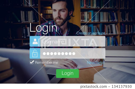 Login screen with hipster in library and laptop 134137930