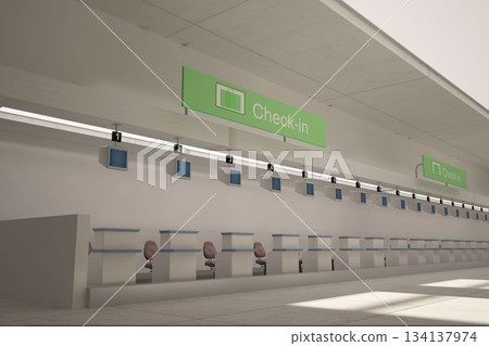 Flat design airport check-in hall is featuring counter partitions, chairs, monitors, green signage 134137974